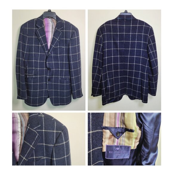 Etro Milano 100% Wool Mens 42R Fitted Sport Coat Blazer 3 Button Blue Windowpane - Picture 1 of 16